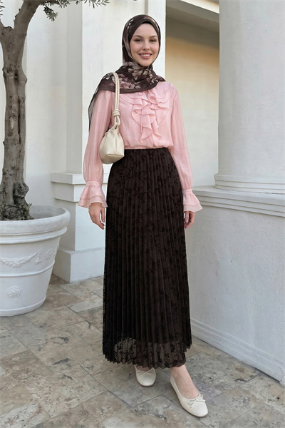 Piliseli Çiçekli Acı Kahve Flok Etek