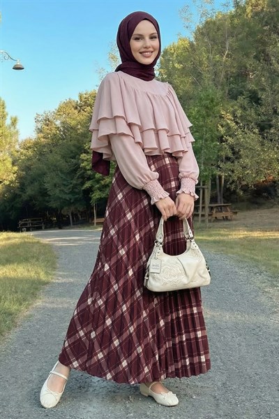 Piliseli Ekose Bordo Etek