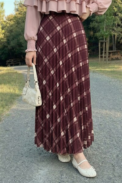 Piliseli Ekose Bordo Etek