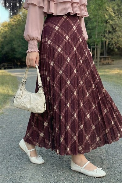 Piliseli Ekose Bordo Etek