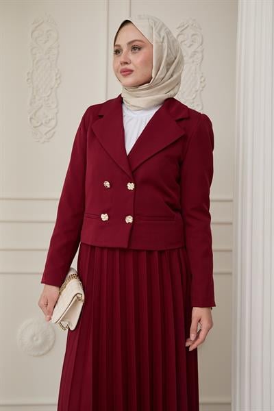 Piliseli Etekli Ceketli İkili Takım Bordo