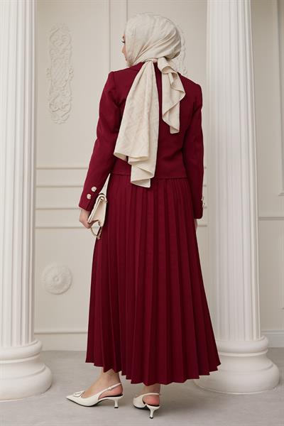 Piliseli Etekli Ceketli İkili Takım Bordo