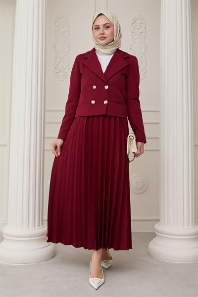 Piliseli Etekli Ceketli İkili Takım Bordo