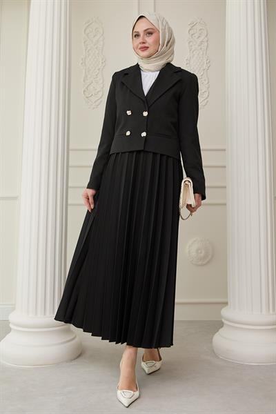 Piliseli Etekli Ceketli İkili Takım Siyah
