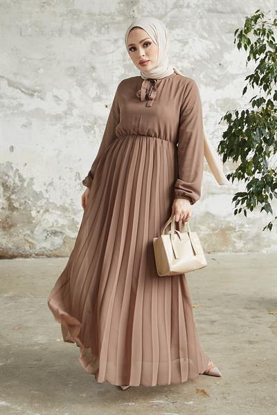 Piliseli Limelda Bej Şifon Elbise