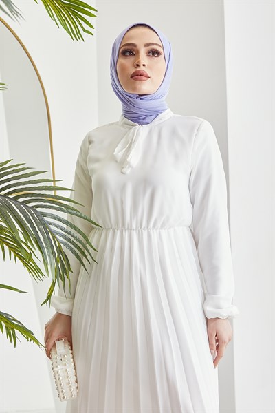 Piliseli Limelda Beyaz Şifon Elbise