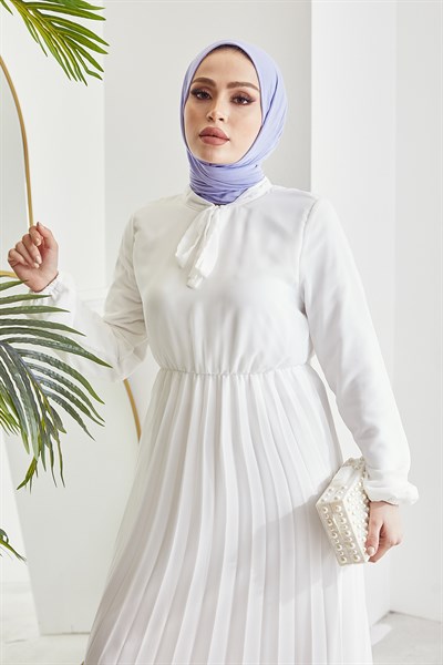 Piliseli Limelda Beyaz Şifon Elbise