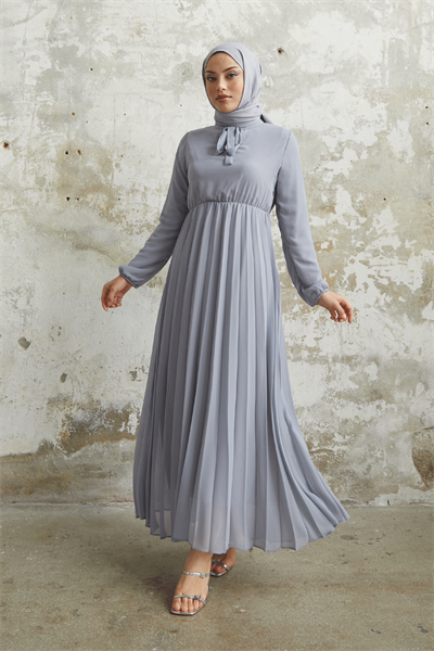 Piliseli Limelda Gri Şifon Elbise