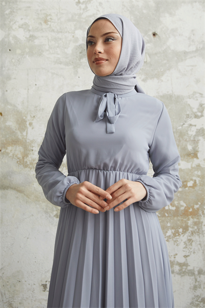 Piliseli Limelda Gri Şifon Elbise