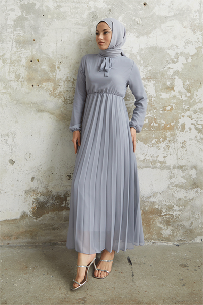 Piliseli Limelda Gri Şifon Elbise