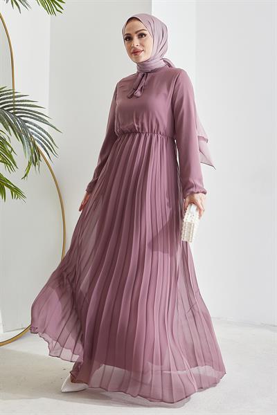 Piliseli Limelda Gül Kurusu Şifon Elbise