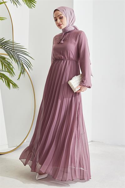 Piliseli Limelda Gül Kurusu Şifon Elbise