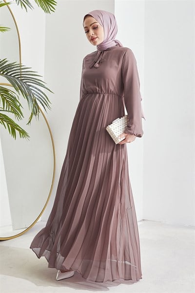 Piliseli Limelda Gül Kurusu Şifon Elbise