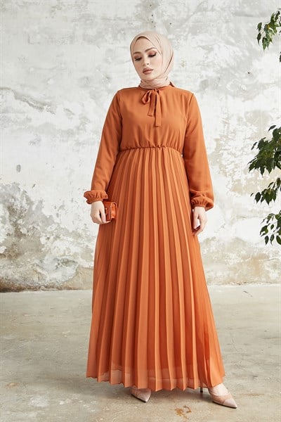 Piliseli Limelda Kiremit Şifon Elbise