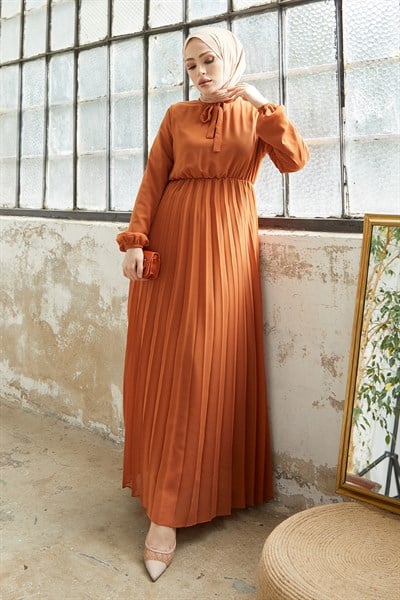 Piliseli Limelda Kiremit Şifon Elbise