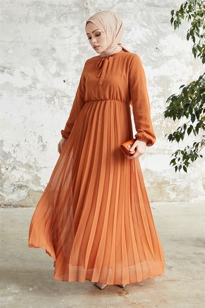 Piliseli Limelda Kiremit Şifon Elbise