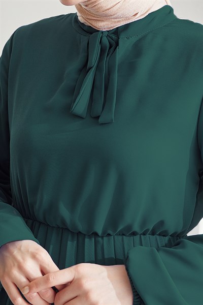 Piliseli Limelda Petrol Yeşili Şifon Elbise