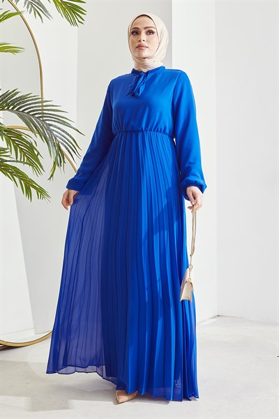 Piliseli Limelda Saks Mavisi Şifon Elbise