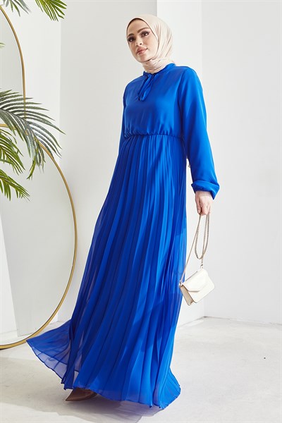 Piliseli Limelda Saks Mavisi Şifon Elbise