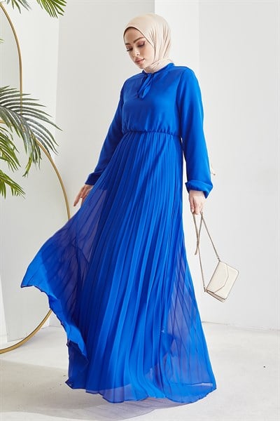 Piliseli Limelda Saks Mavisi Şifon Elbise