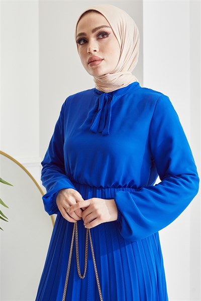 Piliseli Limelda Saks Mavisi Şifon Elbise