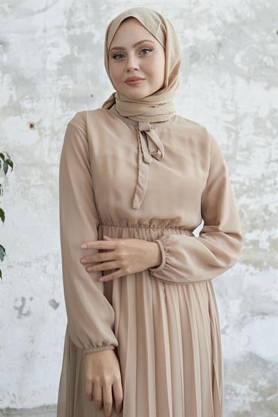 Piliseli Limelda Sütlü Kahve Şifon Elbise