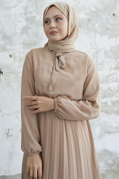 Piliseli Limelda Sütlü Kahve Şifon Elbise