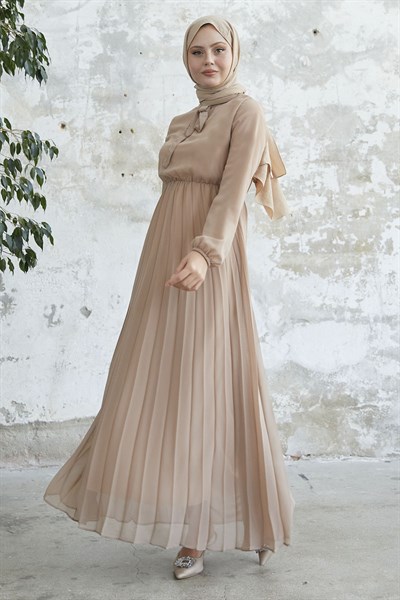 Piliseli Limelda Sütlü Kahve Şifon Elbise