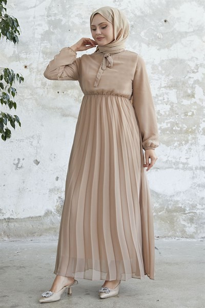 Piliseli Limelda Sütlü Kahve Şifon Elbise