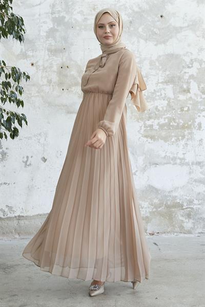 Piliseli Limelda Sütlü Kahve Şifon Elbise