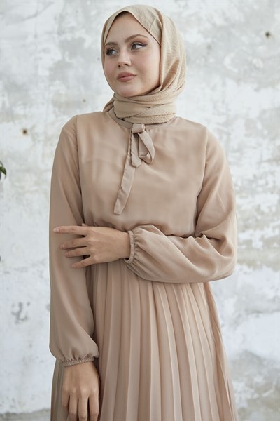 Piliseli Limelda Sütlü Kahve Şifon Elbise