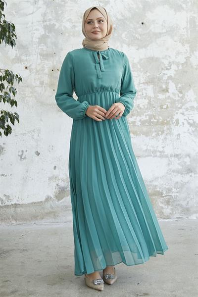 Piliseli Limelda Turkuaz Şifon Elbise