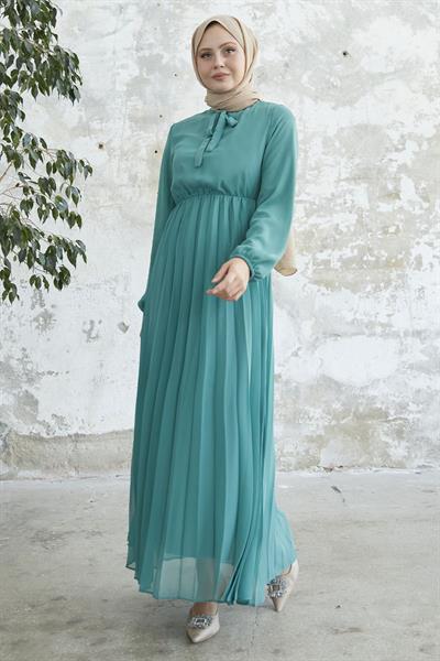 Piliseli Limelda Turkuaz Şifon Elbise