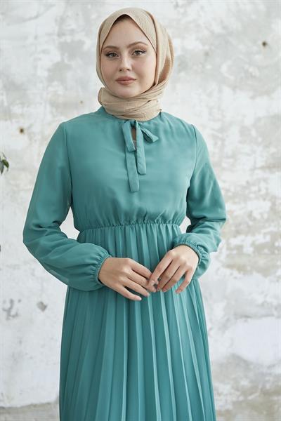 Piliseli Limelda Turkuaz Şifon Elbise