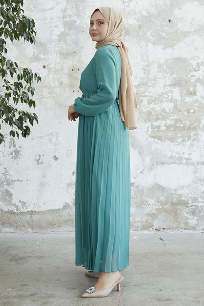 Piliseli Limelda Turkuaz Şifon Elbise