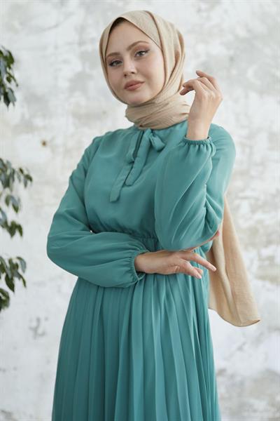 Piliseli Limelda Turkuaz Şifon Elbise