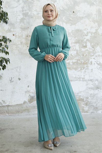 Piliseli Limelda Turkuaz Şifon Elbise