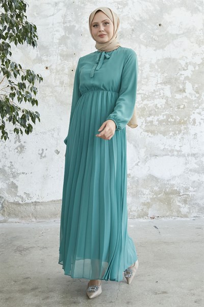 Piliseli Limelda Turkuaz Şifon Elbise