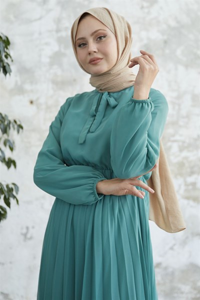 Piliseli Limelda Turkuaz Şifon Elbise
