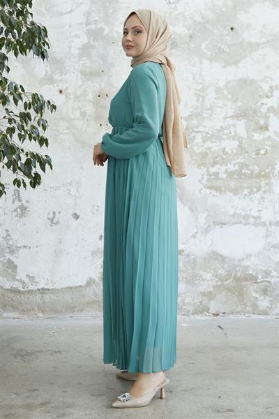 Piliseli Limelda Turkuaz Şifon Elbise