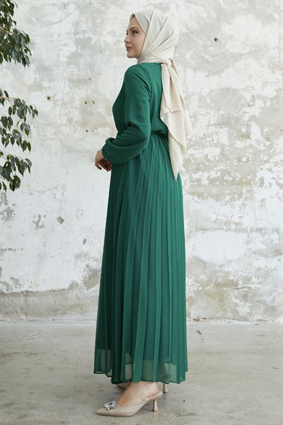 Piliseli Limelda Zümrüt Yeşili Şifon Elbise