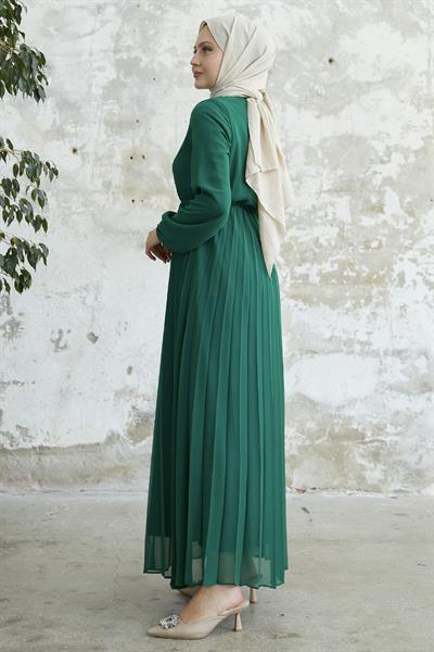 Piliseli Limelda Zümrüt Yeşili Şifon Elbise