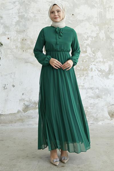 Piliseli Limelda Zümrüt Yeşili Şifon Elbise