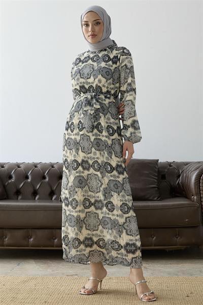 Piliseli Şal Desen Gri Şifon Elbise