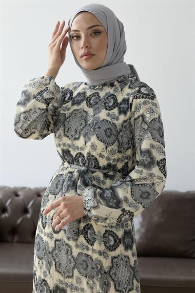 Piliseli Şal Desen Gri Şifon Elbise