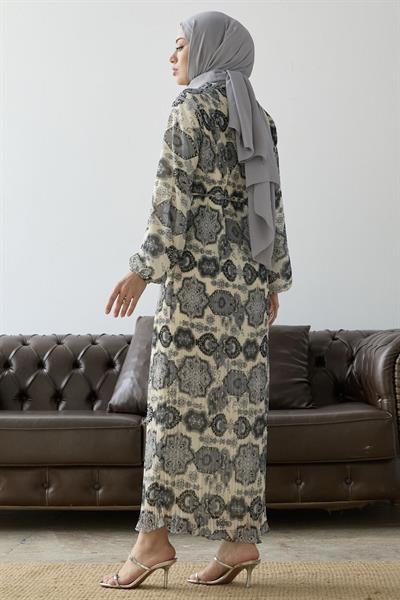 Piliseli Şal Desen Gri Şifon Elbise