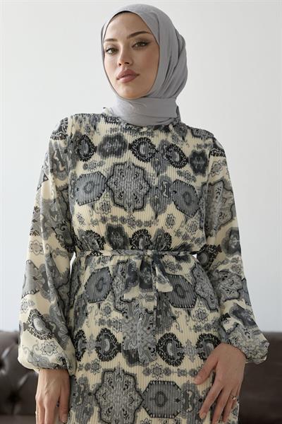 Piliseli Şal Desen Gri Şifon Elbise
