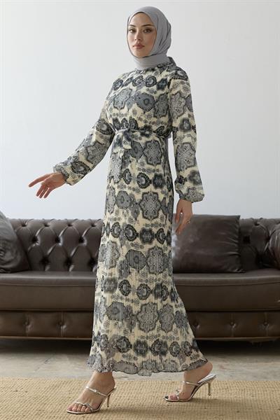 Piliseli Şal Desen Gri Şifon Elbise