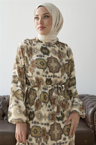 Piliseli Şal Desen Haki Şifon Elbise