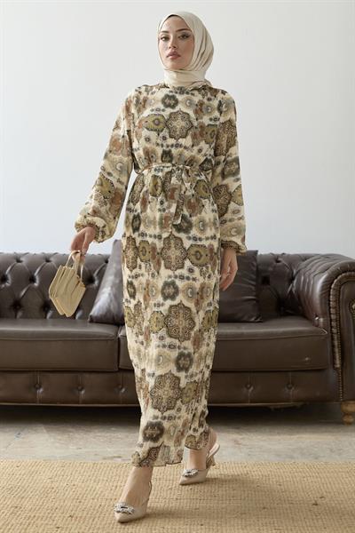 Piliseli Şal Desen Haki Şifon Elbise